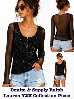 Denim & Supply Ralph Lauren Black Hand-Beaded Sequin Mesh Top Size M NWT